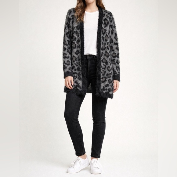 Lord & Taylor Sweaters - Lord & Taylor Gray and Black Leopard Print Open Cardigan